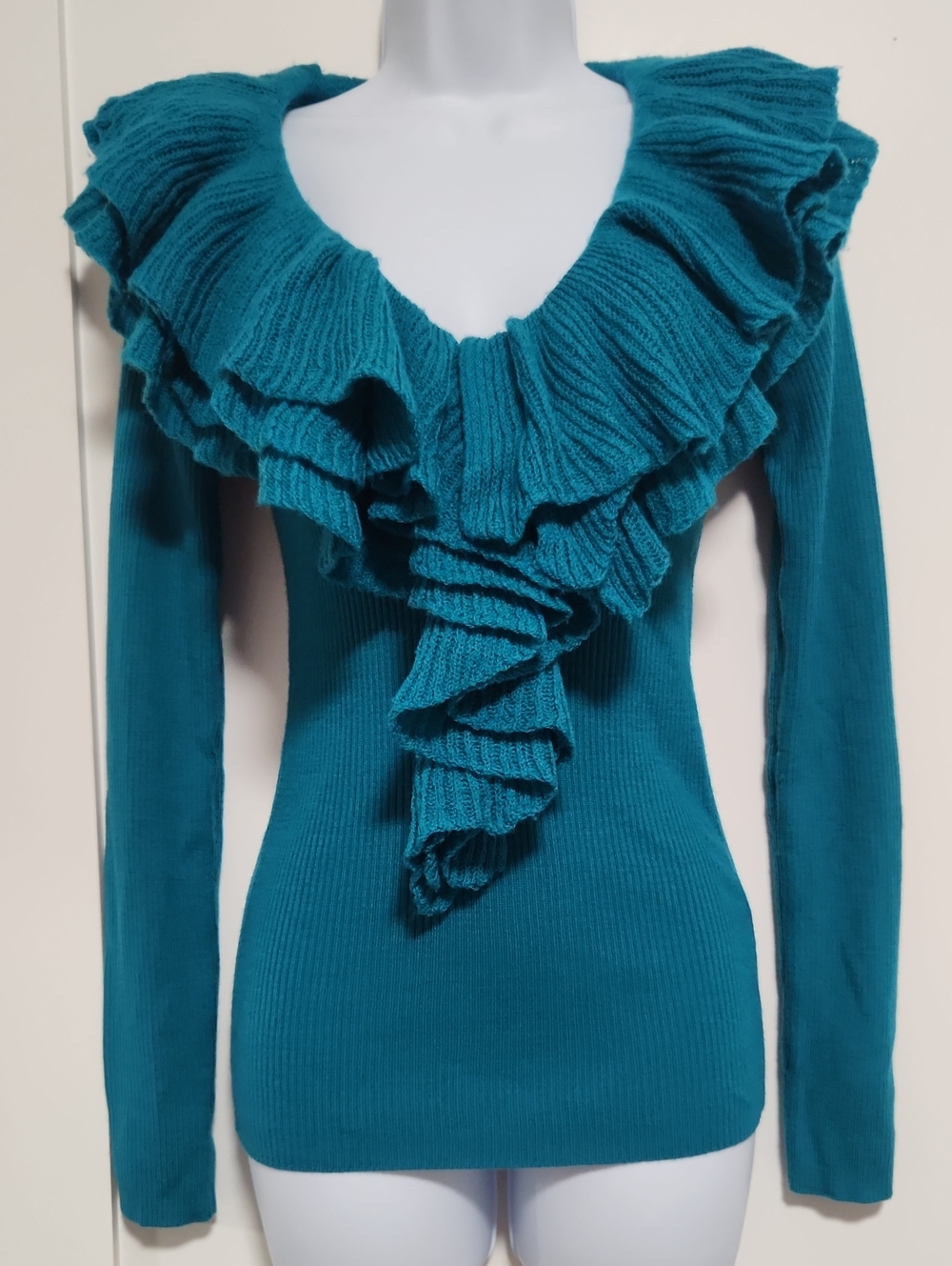 Trina Turk Teal Ruffle V-Neck Sweater